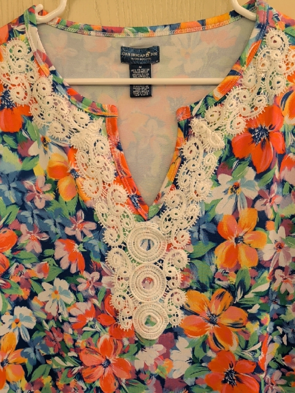 Caribbean Joe Floral Crochet-Trim Tunic Dress – Size M | Coral Blue Green | EUC - Picture 3 of 7